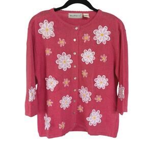 Vintage Bubblegum Baby Pink Daisy Floral Grandma Cardigan Sweater Cottage Large